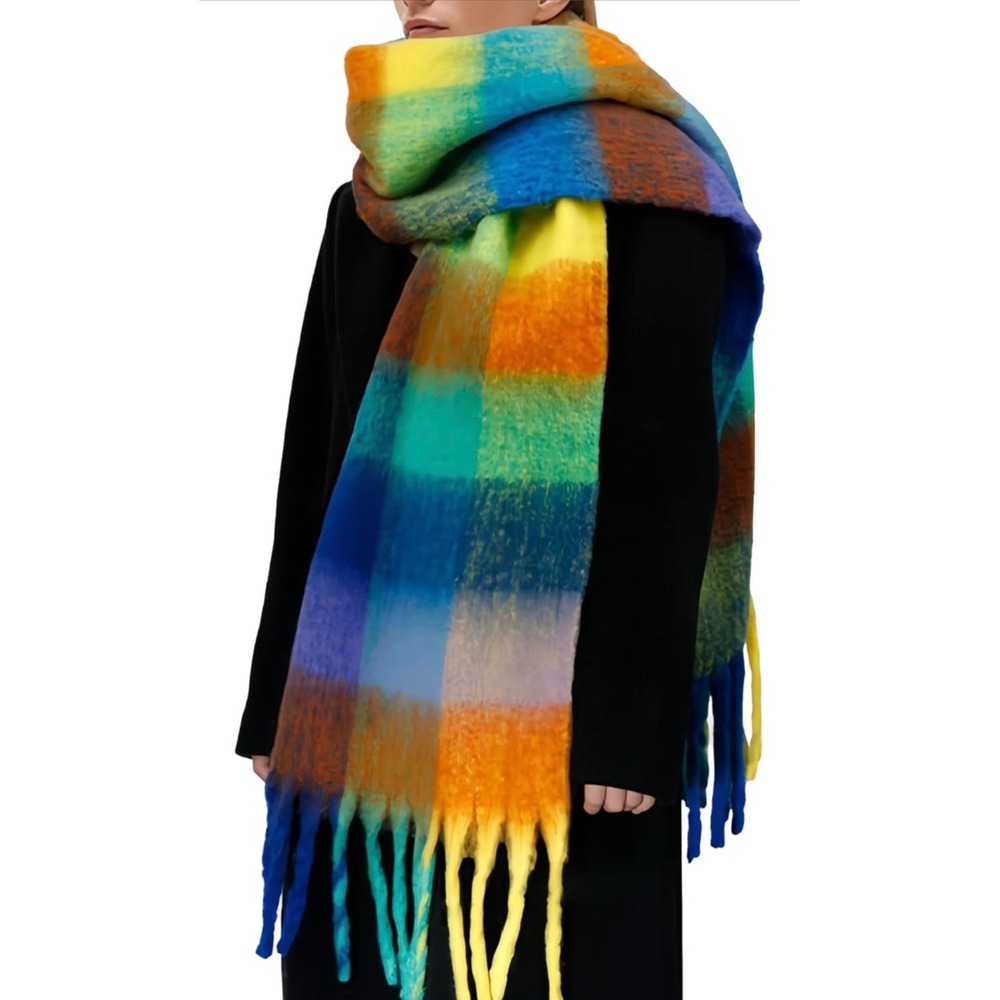 Women's Rainbow Plaid Blanket Scarf Thick‎ Warm Colorful Checked Tassel Wrap NWT